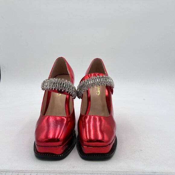 XYD Red Bling Rhinestones Strap Platform Mary Jane Square Toe High Chunky Pumps - Picture 3 of 8